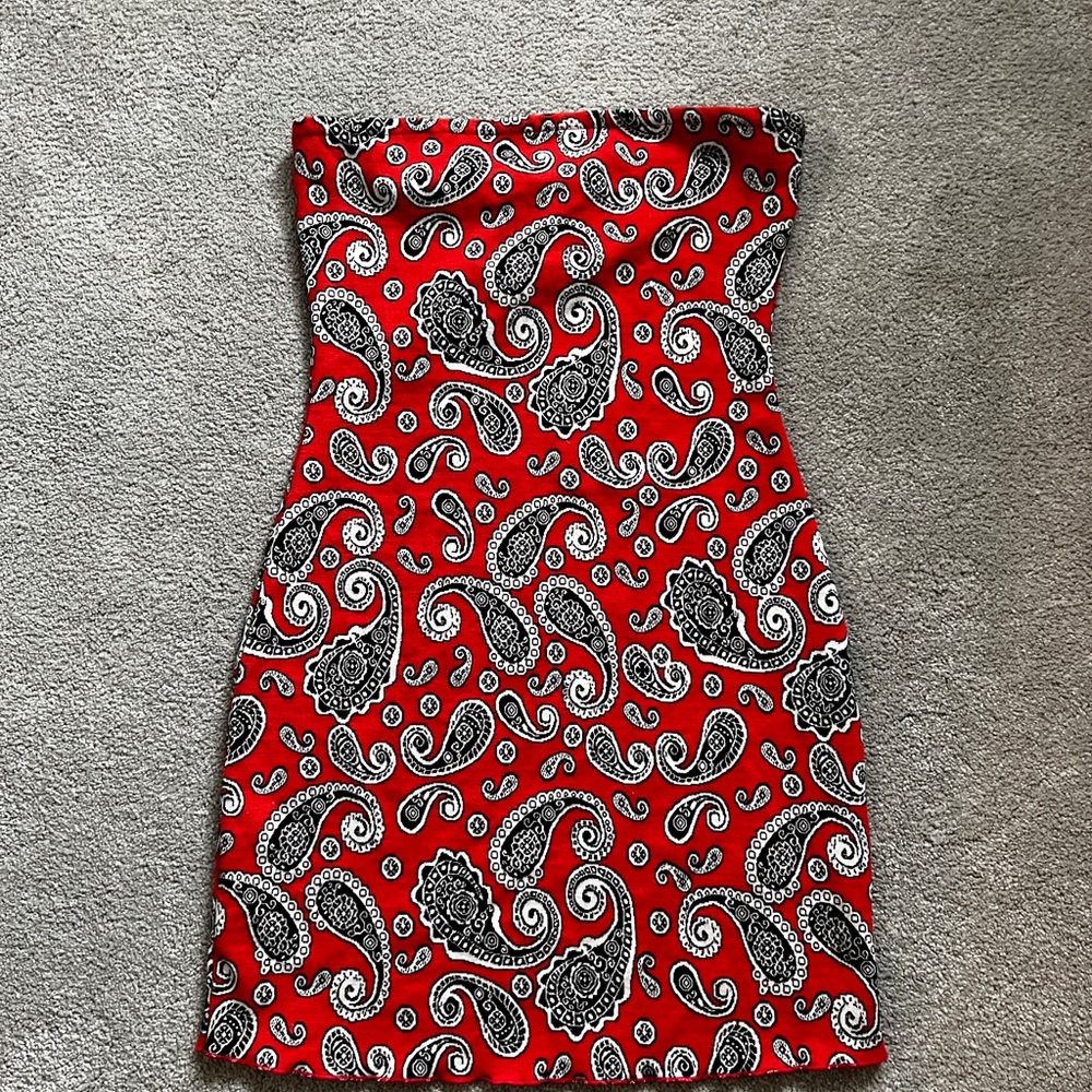 Paisley Strapless Mini Dress - Red and Black